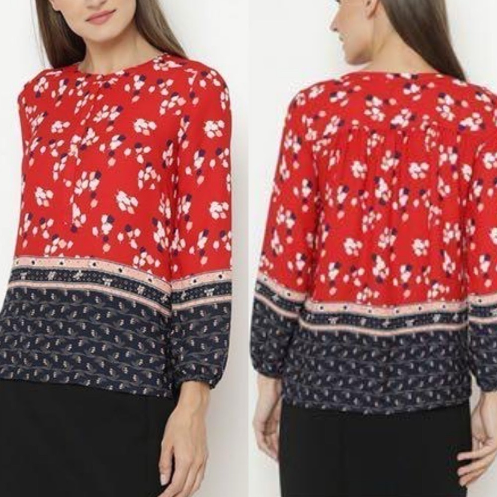 4 for $20 SALE! Loft Bloom Bubble Sleeve Henley Top, Red/Blue Floral, Size M